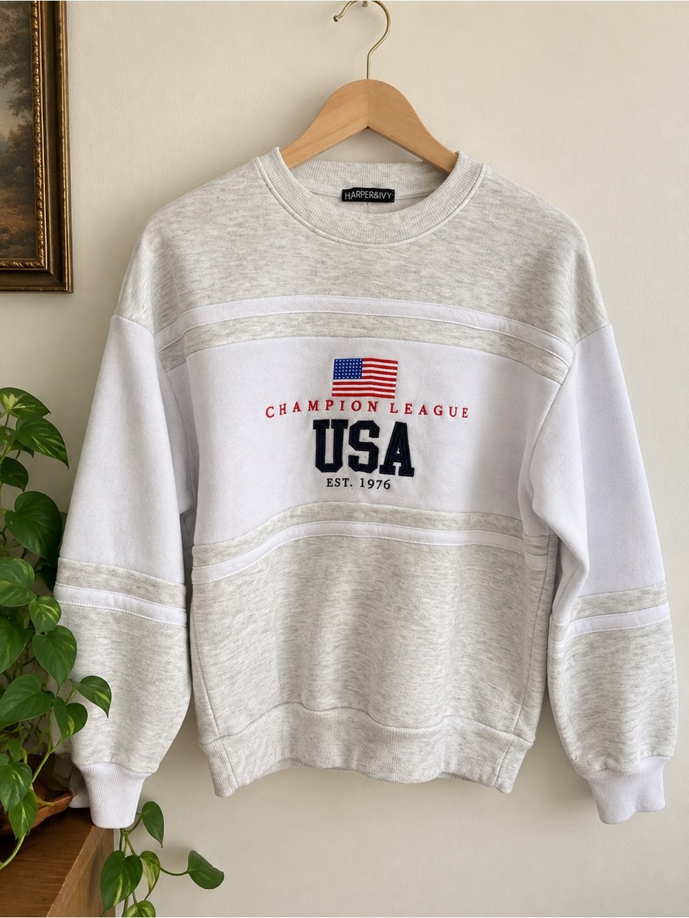USA Champion League Crewneck Sweater - Light Heather Gray/White